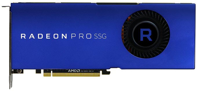 AMD-Radeon-Pro-SSG" width="680" height="315" srcset="https://graphicscardhub.com/wp-content/uploads/2016/12/AMD-Radeon-Pro-SSG.jpg 680w, https://graphicscardhub.com/wp-content/uploads/2016/12/AMD-Radeon-Pro-SSG-300x139.jpg 300w" sizes="(max-width: 680px) 100vw, 680px"/></p>
<p>The card has got dual slot design and for cooling it comes with a single blower styled fan. It requires one 6-pin and one 8-pin PCIe power connectors and has maximum power consumption of 260W (TDP). Connectivity options include six Mini-DisplayPort. So, if you are into professional media and entertainment business then this is the card that you should get. This is also a great card for game developers and for creating animations & special effects in movie studios.</p>
<table>
<tbody>
<tr>
<td colspan=