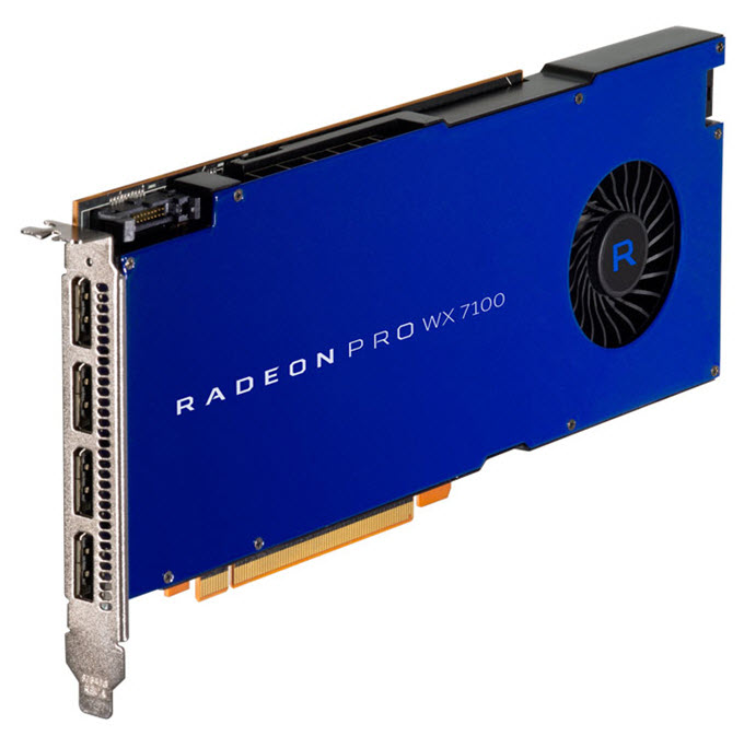 Radeon-Pro-WX-7100 "width =" 680 "height =" 673 "srcset =" https://graphicscardhub.com/wp-content/uploads/2016/12/Radeon-Pro-WX-7100.jpg 680w, https://graphicscardhub.com/wp-content/uploads/2016/12/Radeon-Pro-WX-7100-300x297.jpg 300w" sizes="(max-width: 680px) 100vw, 680px"/></p>
<p>Radeon Pro WX 7100 is around 50% faster than the Quadro M4000 which is the Nvidia’s fastest single slot workstation graphics card. The card supports 4K / 5K resolution and up to four display monitors. Other features include Multi-GPU support, AMD LiquidVR Technology, 10-bit color, HDR ready, DirectGMA & SDR support, 4K Accelerated Encode/Decode.</p>
<table>
<tbody>
<tr>
<td colspan=