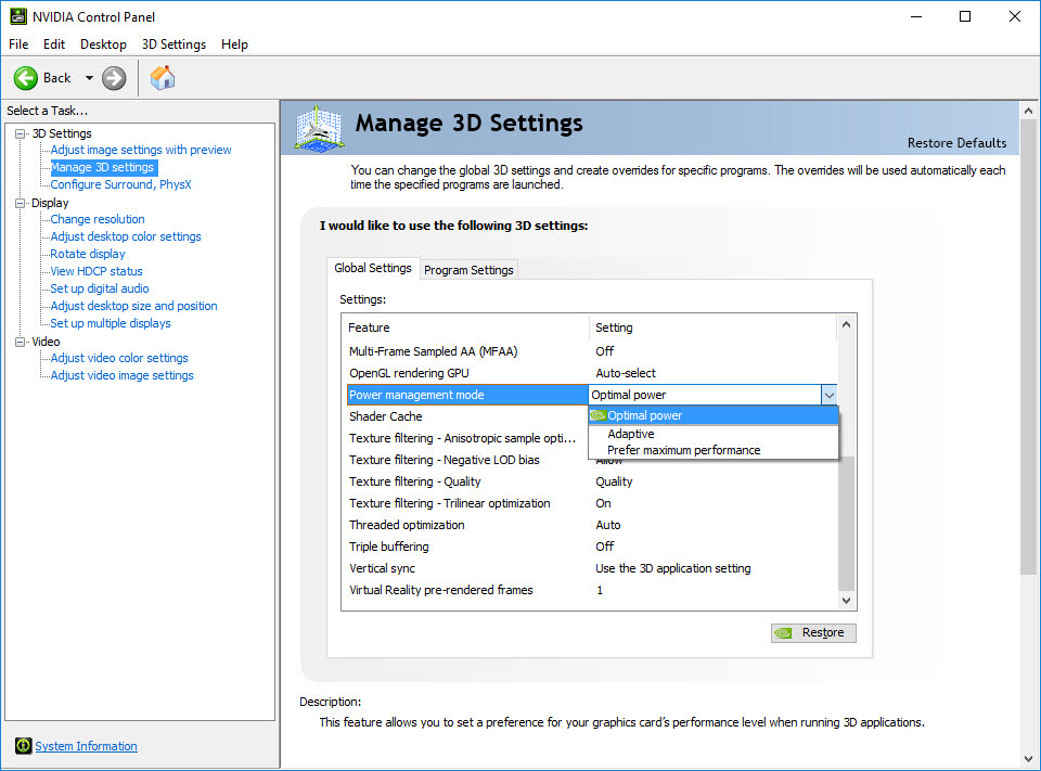 nvidia control panel power management mode