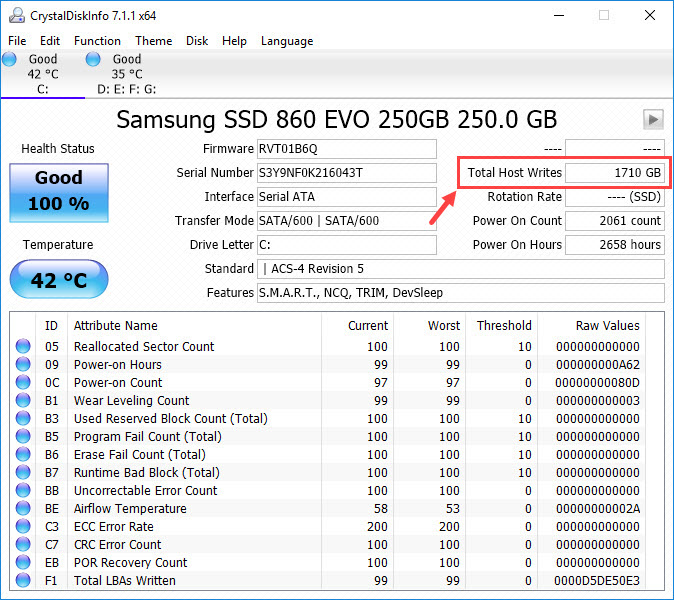 crystaldiskinfo not showing total host writes