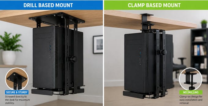 under-desk-cpu-mount-types-drill-vs-clamp-based